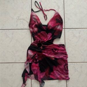 Windsor Pink & Black Floral Halter Mini Dress